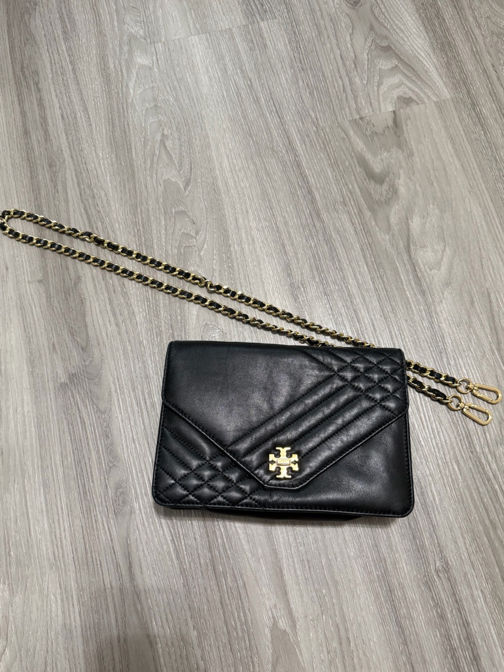 Tory Burch Black Quilted Lamb skin Crossbody with Gold Chain